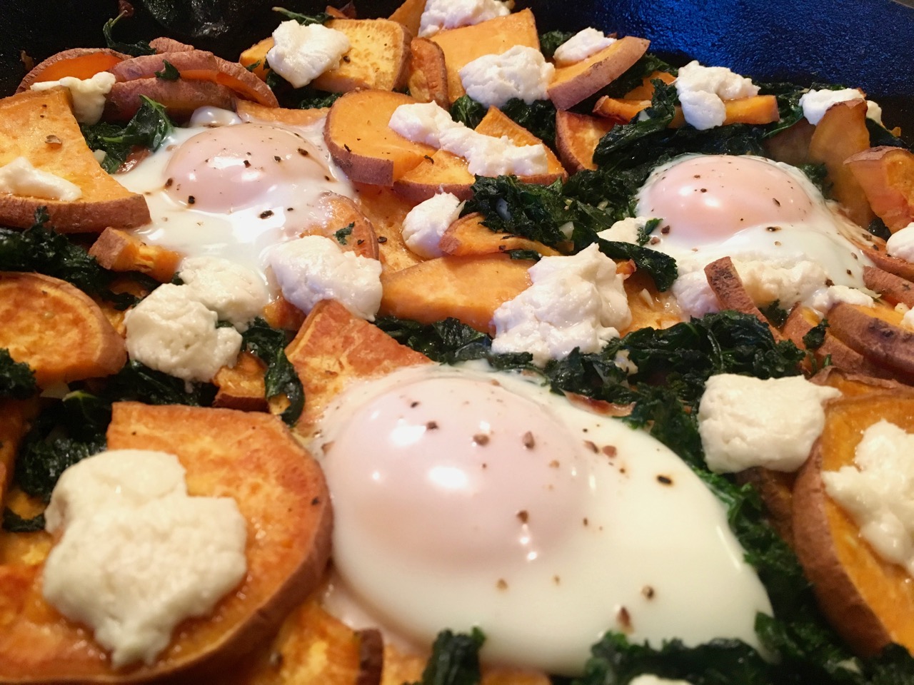 Sweet Potato & Kale Hash with Baked Eggs & Ricotta Toasts